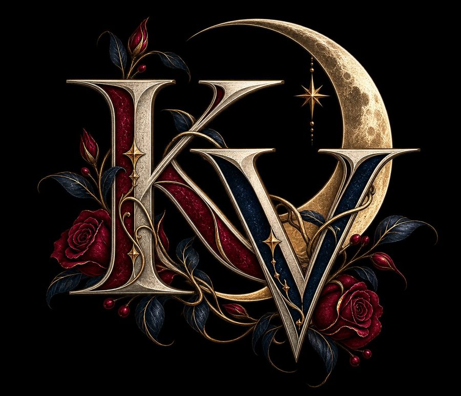K. Valemont monogram: ornate K and V with a crescent moon and red roses